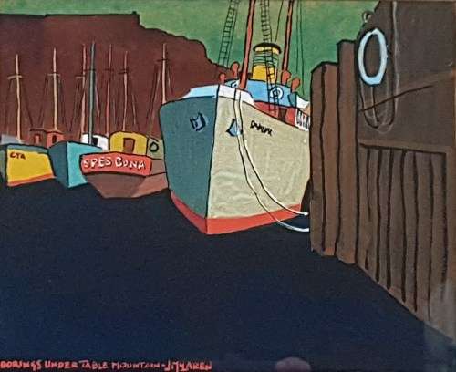 J McLaren - Moorings under Table Mountain - A beautiful mixed media painting! - Low price, bid now!