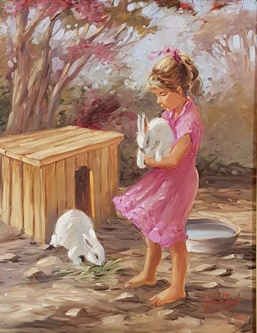 Lienkie Lombard - Little girl with rabbits - A stunning oil painting! Such a beauty, bid now!