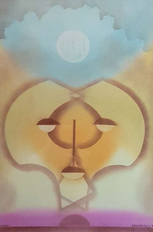 Daniel Matshidiso - Abstract face with the moon - A beautiful silkscreen - Giveaway price, bid now!