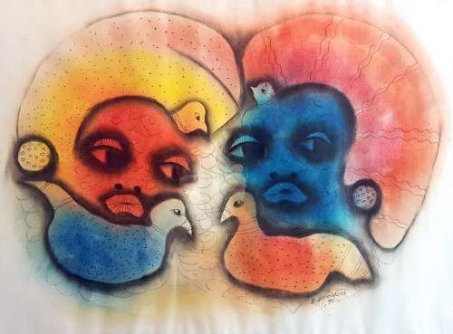 Billy Molokeng - Abstract faces and doves -  A beautiful mixed media - Giveaway price, bid now!