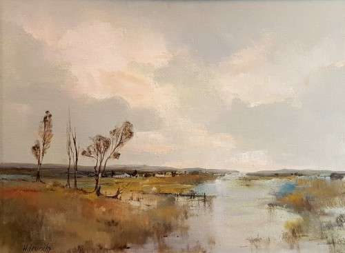 W Hendricks - Landscape with river and farm house -  *Free shipping! A beautiful treasure! Bid now!