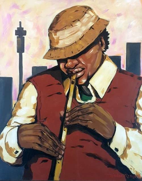 Tshizo Mangena - Penny whistler- A beautiful painting! Low price, bid now!