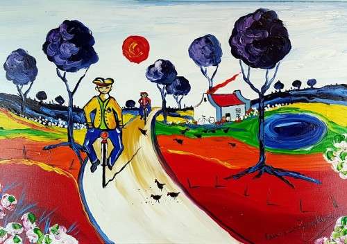 Paul van Rensburg - Cycling in a landscape - Stunning art!! Low price! Bid now!!