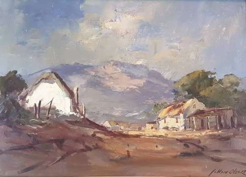 Johan Oldert - Cape Dutch houses at the foot of the mountain - Investment art!! Bid now!!