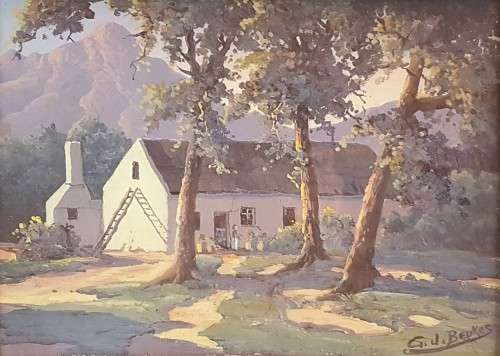 GJ Beukes - Cape Dutch house and trees - A Beautiful painting! - Bid now!