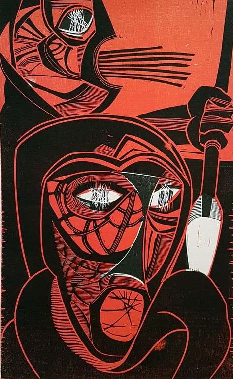 Cecil Skotnes - Mhlangane stabs Shaka -  Woodcut - Limited edition - Investment art! Bid now!