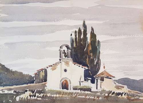 Buklerer - Church scene - A beautiful watercolor! Giveaway price!! Bid now!