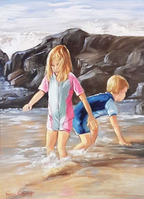 Susan Cronje - Kids playing in the sea - Lovely art! - Low price! - Bid now!!