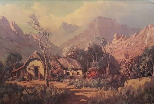 Tinus de Jong - Farmscene at the foot of the mountains - A lovely old print! Low price, bid now!!