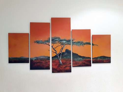 M Pelser - 5 Panel tree in a landscape - A magnificent treasure! Bid now!