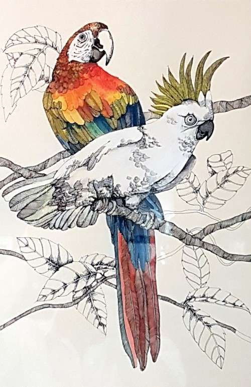 Sally Jean Rush - Parrots - A stunning mixed media painting! Bid now!