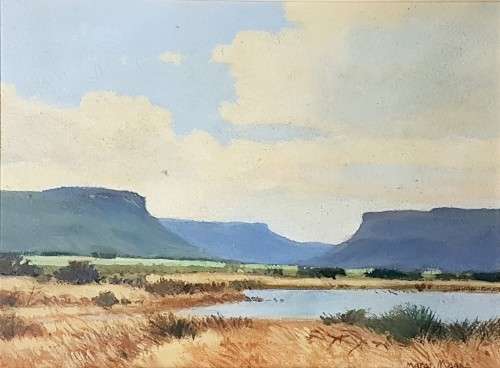 Marge Maggs - Farm dam at the foot of the mountains. A beautiful little painting! Bid now