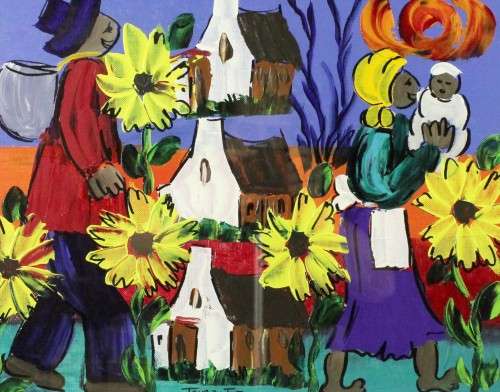 Jana du Toit - Woman, houses and sunflowers - Magnificent! - Giveaway price, bid now!