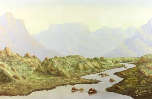 Werner Fordelman - River and mountain scene- 90cm x 60cm - Low price, bid now!!