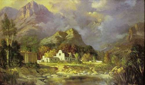 Gabriel de Jongh - Farmhouse and mountains - A beautiful print! Stunning frame! - Bid now!