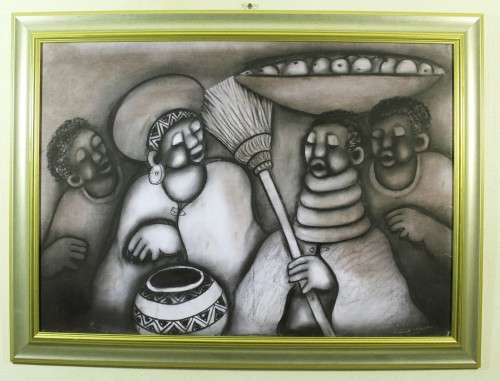 David Mbele - 4 Woman abstract - A beautiful mixed media - Low price, bid now!