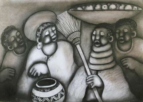 David Mbele - 4 Woman abstract - A beautiful mixed media - Low price, bid now!