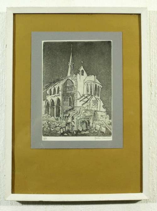 Grethe Schonken - Gothic Cathedral in ruins - Etching - A beauty!! Low price!!  Bid now!