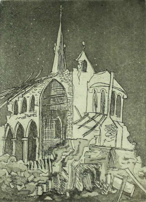 Grethe Schonken - Gothic Cathedral in ruins - Etching - A beauty!! Low price!!  Bid now!