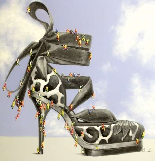 Crumles - High heel shoe with little men - A stunning collage!! 200cm x 145cm! A treasure, bid now!!