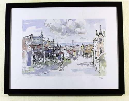 Gregoire Boonzaier  - Street scene with ocean - A beautiful signed litho print! Low price, bid now!
