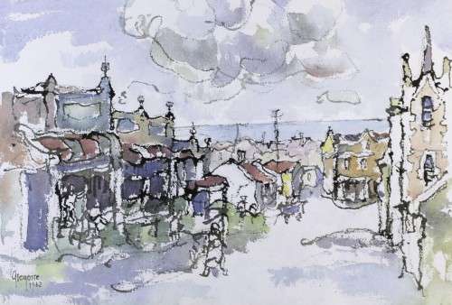 Gregoire Boonzaier  - Street scene with ocean - A beautiful signed litho print! Low price, bid now!