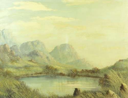 J Kumst - Mountains and pond - An old oil painting! - Giveaway price! - Bid now!!
