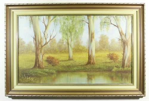 E Korub - Blue gum trees at the pond - A beautiful oil painting - Giveaway price! - Bid now!!