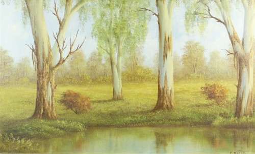 E Korub - Blue gum trees at the pond - A beautiful oil painting - Giveaway price! - Bid now!!