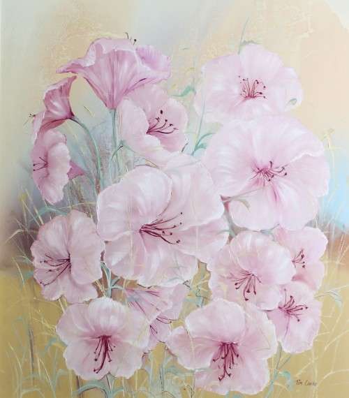Tim Cooke - Pink flowers - A beautiful painting! Low price, bid now!!