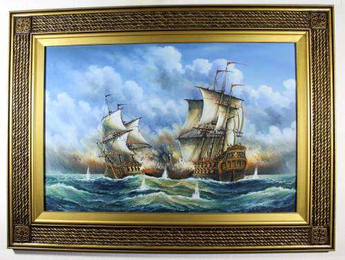 J Harvey - Ships in battle - A stunning oil painting! - Beautiful frame! - Bid now!!