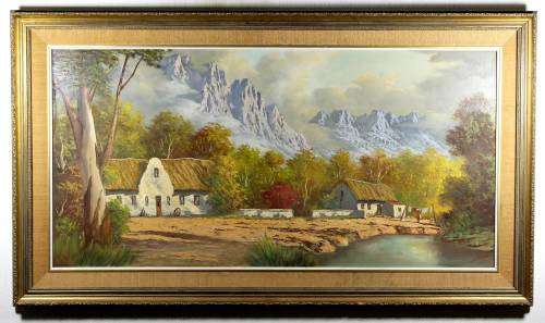 JL Faure - Farmscene and mountains - A stunning painting!! Bid now!! 120cm x 59cm!