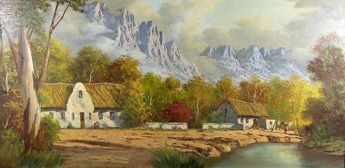JL Faure - Farmscene and mountains - A stunning painting!! Bid now!! 120cm x 59cm!