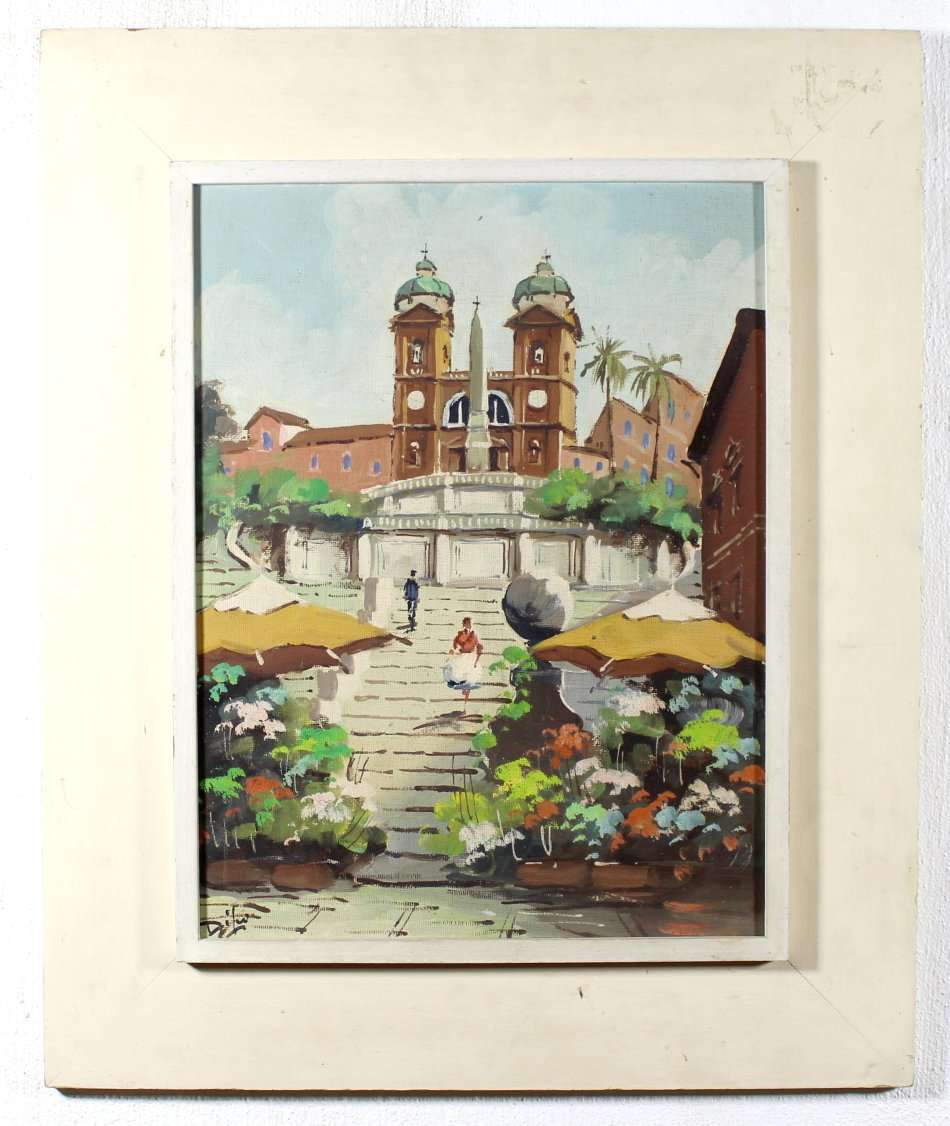 Italian scene - Steps in front of the building - Oil painting - A beautiful treasure! - Bid now!!