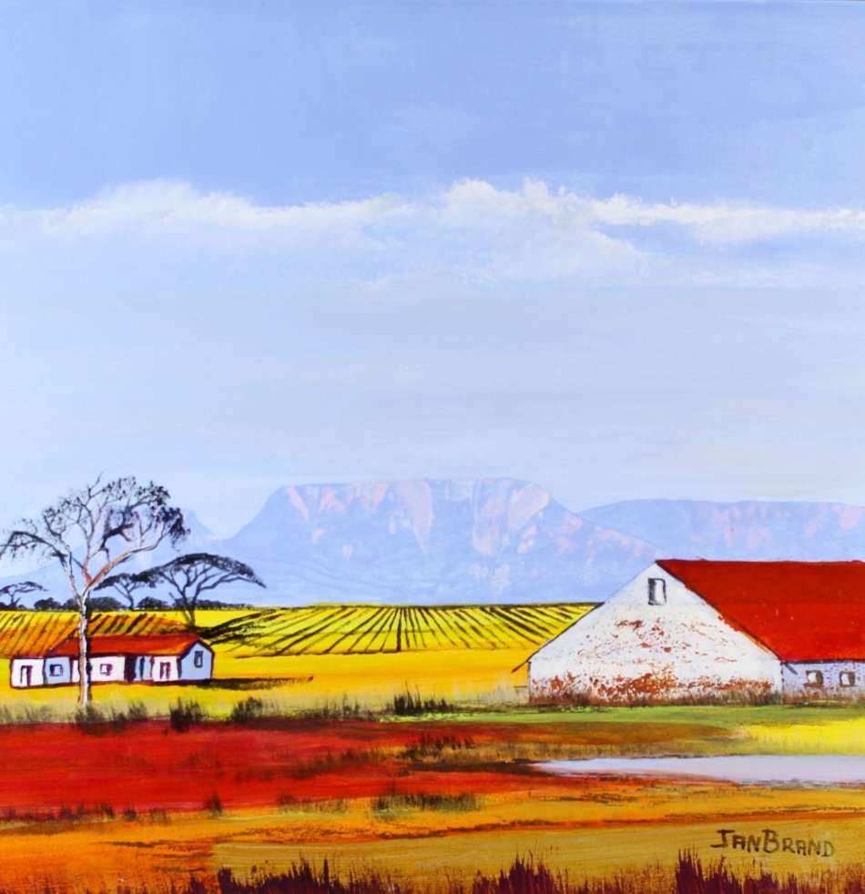 Jan Brand - Farm scene with mountains - Magnificent art!! - Bid now!