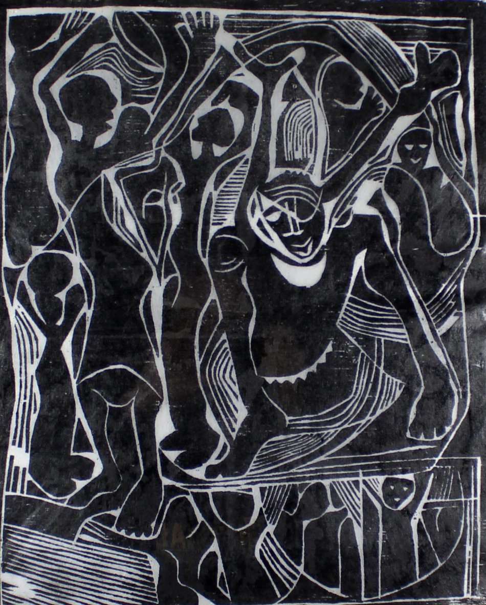 I Nkoane -Tribal ceremony - A beautiful woodcut - Low price, bid now!