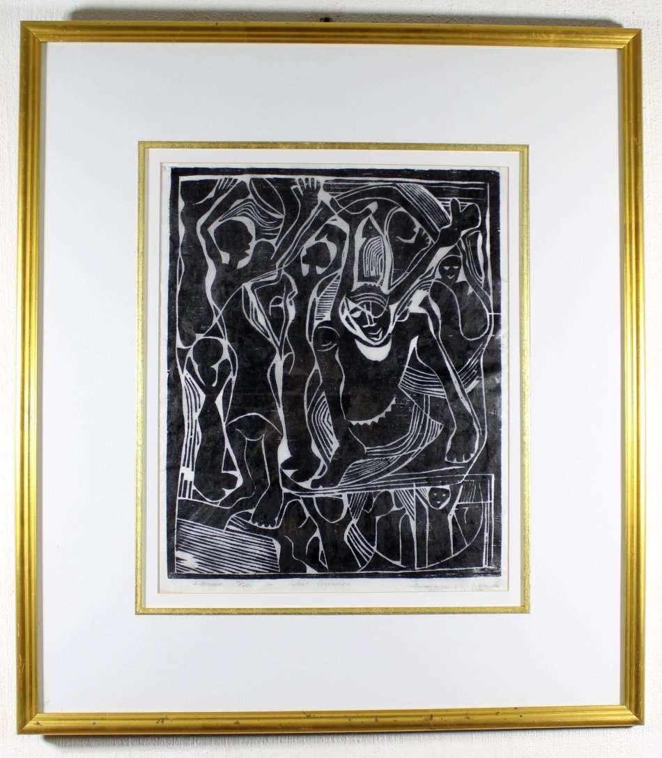 I Nkoane -Tribal ceremony - A beautiful woodcut - Low price, bid now!