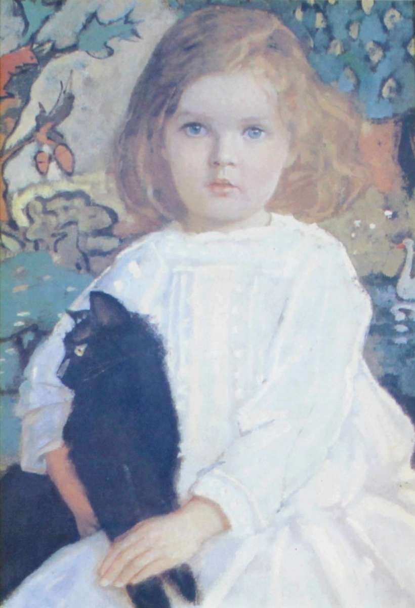 John Duncan - Girl with a black cat - A beautiful print!! - Bid now!!
