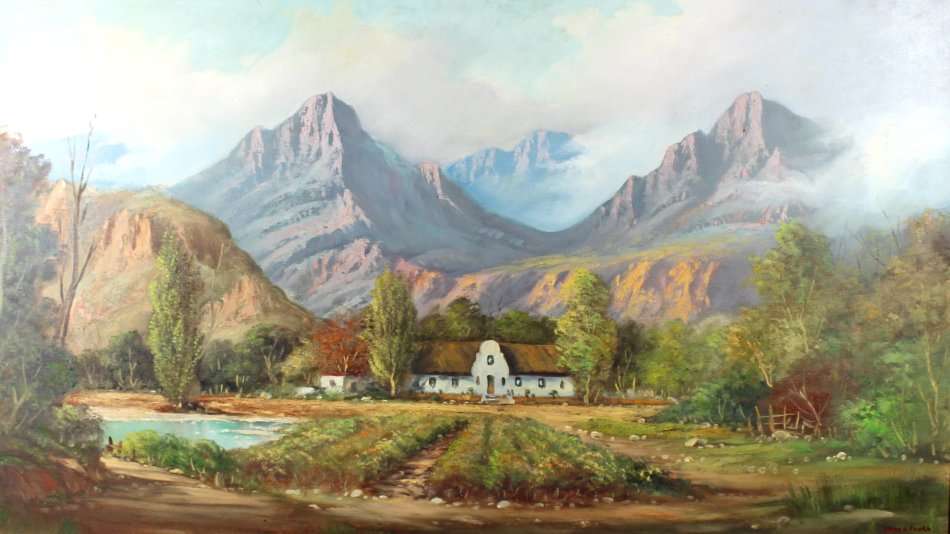 JL Faure - Cape Dutch farmhouse and mountains - Investment art! - 106cm x 60cm - Bid now!!