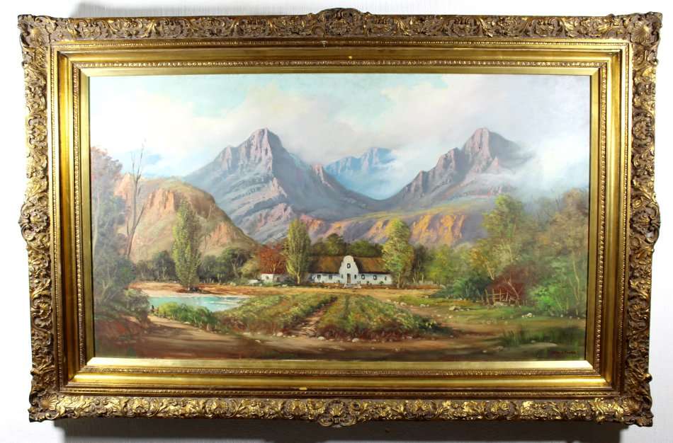 JL Faure - Cape Dutch farmhouse and mountains - Investment art! - 106cm x 60cm - Bid now!!