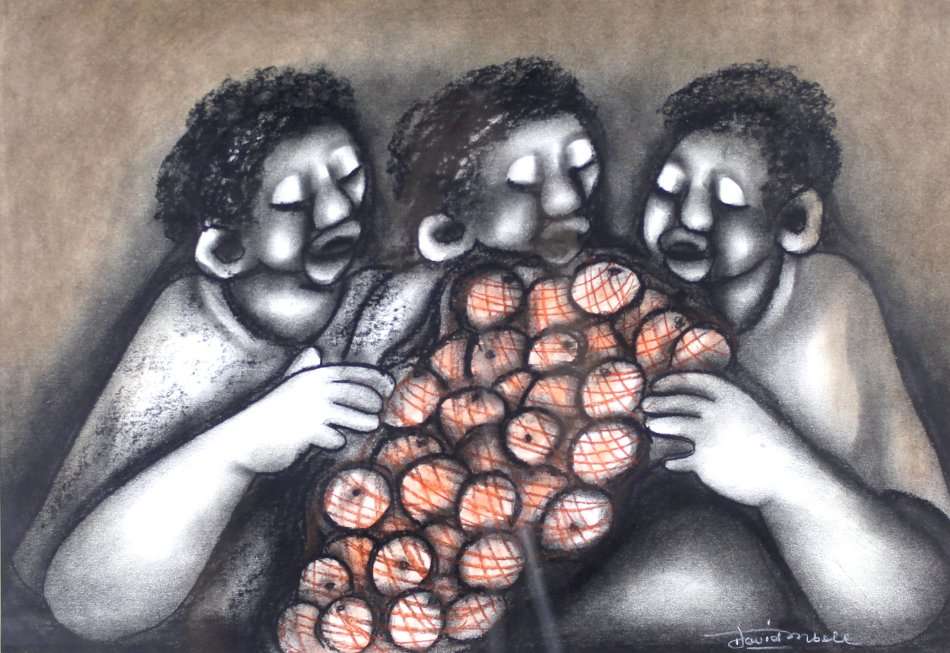 David Mbele - 3 Figures with fruit - Low price, bid now!
