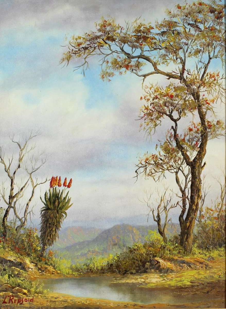 Louise Repsold - Large tree with Aloe overlooking a valley - A stunning treasure!! - Bid now!