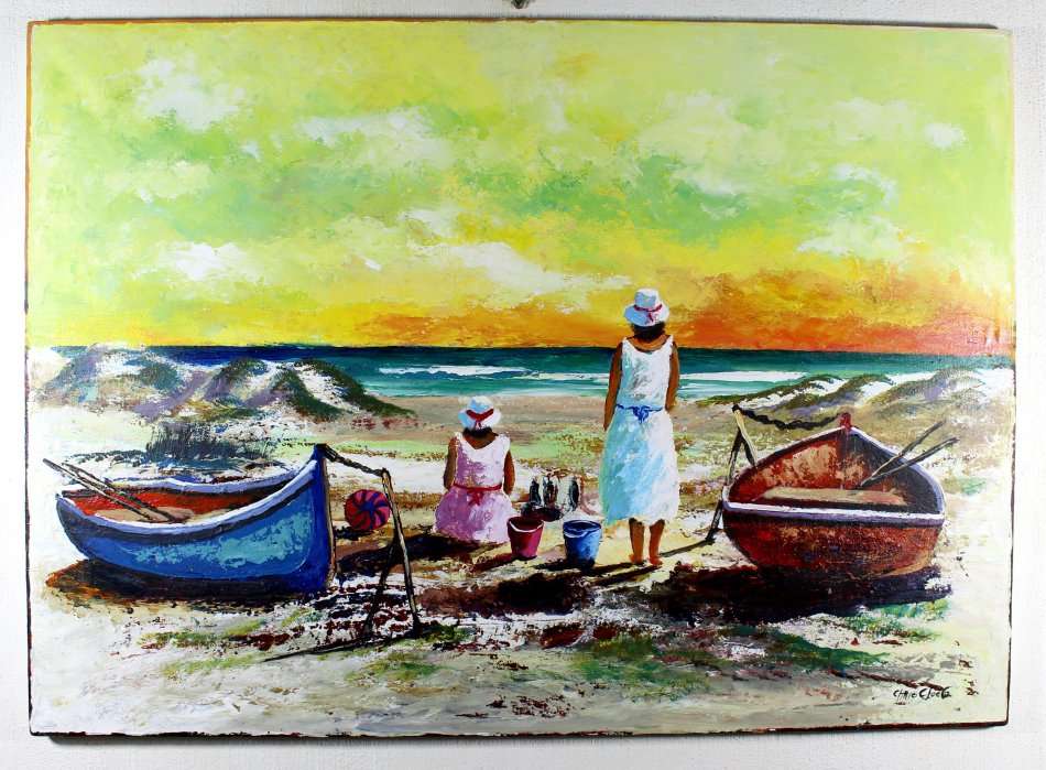 Chris Cloete - Ladies waiting at the fishing boats - A beautiful painting!!