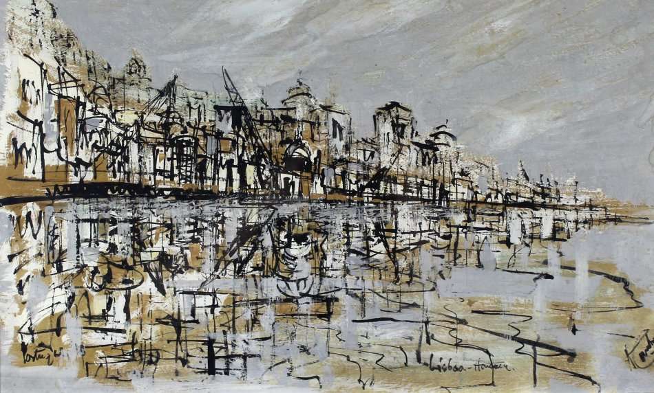 Arthur Cantrell - Lisbon harbour - A lovely mixed media work - Invest now!!