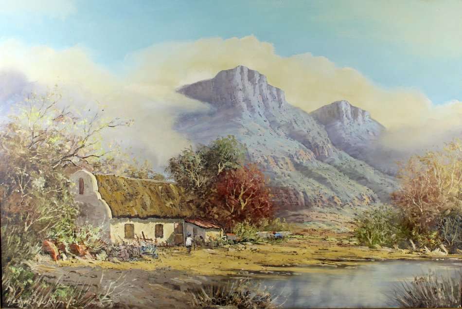 Henri du Rant - Cape farm scene with mountains - A beautiful painting! Bid now!!