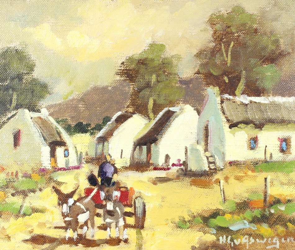 HG van Aswegen - Red donkey cart with Cape Dutch houses - A stunner! - Bid now!