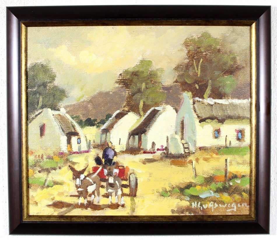 HG van Aswegen - Red donkey cart with Cape Dutch houses - A stunner! - Bid now!