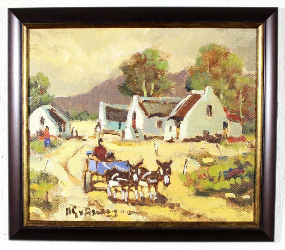 HG van Aswegen - Blue donkey cart with Cape Dutch houses - A stunner! - Bid now!