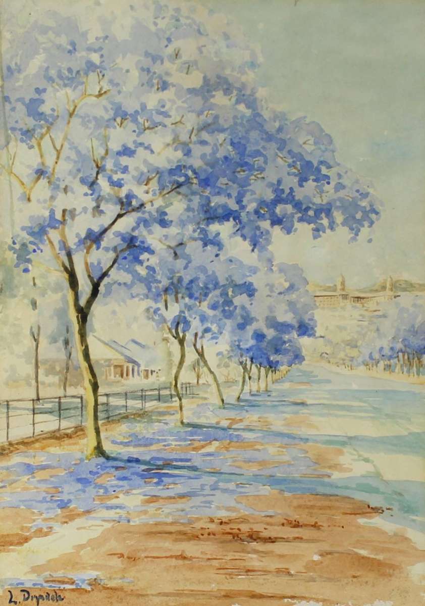L Drysdale - Jacaranda trees with the Union Buildings - A beautiful watercolor! - Bid now!