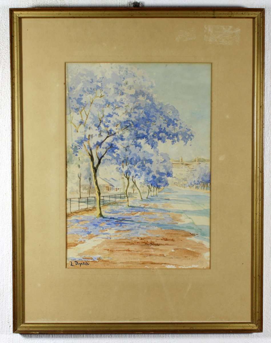 L Drysdale - Jacaranda trees with the Union Buildings - A beautiful watercolor! - Bid now!